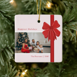 Adorno De Cerámica Modern Red Ribbon Bow Wrap Photo Christmas