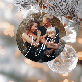 Adorno De Cerámica Modern Script Joyful Christmas Family Photo