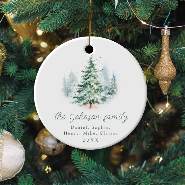 Adorno De Cerámica Modern Script Pine Tree Family Christmas  (Modern Script Pine Tree Family Christmas Ceramic Ornament)