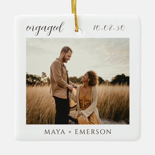 Adorno De Cerámica Modern Script Rustic Engagement Photo Keepsake  (Anverso)