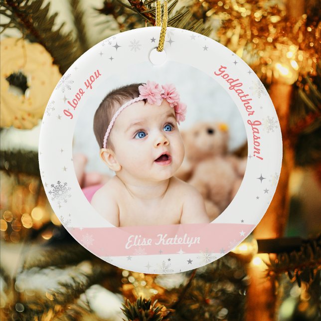 Adorno De Cerámica Moderna 2 fotos Niña Navidades El padrino (Modern Elegant Cute My First Christmas Baby Girl I love you Godfather Name 2 Photos Snowflakes Stars)