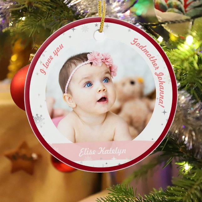 Adorno De Cerámica Moderna 2 fotos Niña Navidades Primera Madrina (Modern Elegant Cute First Christmas Baby Girl I love you Godmother 2 Photos Snowflakes Stars Red)