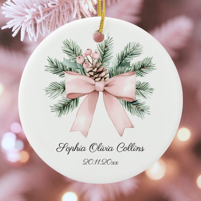 Adorno De Cerámica Moderna acuarela rosa Bow Script Nombrar niña (Modern Pink Watercolor Bow Script Baby Girl Name Ceramic Ornament)