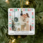 Adorno De Cerámica Moderna foto de un moro y un color brillante simpl<br><div class="desc">Texto de personalizable y foto,  Diseño moderno simple de una foto con una tipografía colorida de colores "Merry y brillantes" en tonos rosa,  verde y rojo.</div>