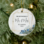 Adorno De Cerámica Moderna Nuestra Primera Navidad Como Mr. & Mrs. Ph<br><div class="desc">Con una impresionante correa geométrica de color agua, y su información en la parte delantera con su propia foto personalizada en la parte posterior. Un adorno boda hace el regalo perfecto para celebrar la primera Navidad que un recién nacido pasa juntos. El adorno boda de tu primera Navidad se colgará...</div>