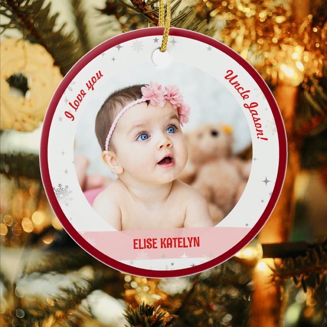 Adorno De Cerámica Modernas 2 fotos Bebé Primer tío de Navidad (Cute Modern Elegant Personalized First Christmas Baby We love you Uncle Twin Girls Snowflakes)
