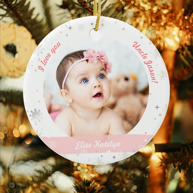 Adorno De Cerámica Modernas 2 fotos Bebé Primer tío de Navidad (Modern Elegant Cute My First Christmas Baby Girl I love you Uncle Name 2 Photos Snowflakes Stars)