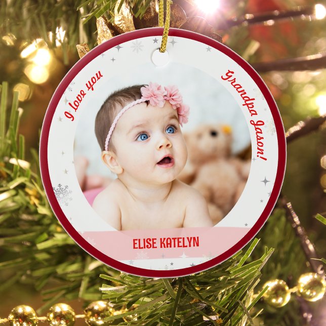 Adorno De Cerámica Modernas 2 fotos Niña Primera Abuela de Navidad (Cute Modern Elegant Personalized First Christmas Baby We love you Grandpa Twin Girls 2 Photos Snow)