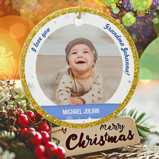 Adorno De Cerámica Modernas 2 fotos niño bebé Primera abuela de Navid (Modern Elegant Cute I love you, Grandma! First Christmas Baby Boy 2 Photos Snow Golden Faux Glitter)