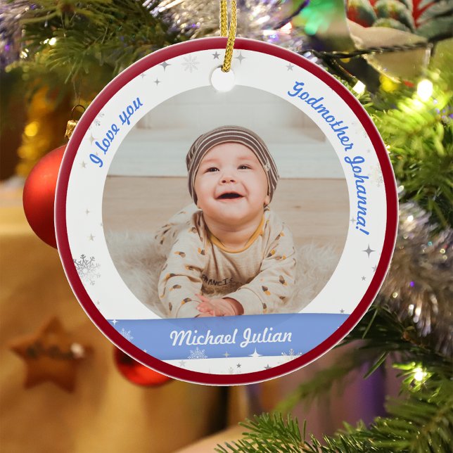 Adorno De Cerámica Moderno 2 fotos niño bebé 1 Navidades Madrina (Modern Elegant Cute First Christmas Baby I love you Godmother Name 2 Photos Snowflakes Stars Red)