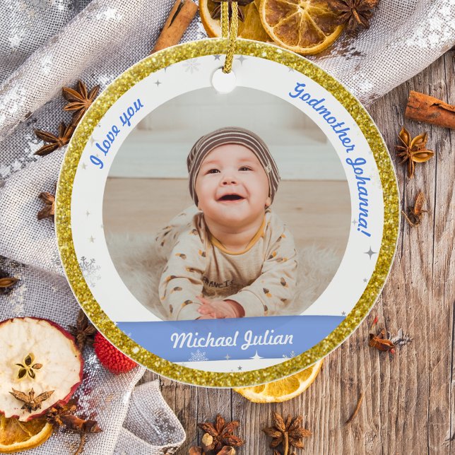 Adorno De Cerámica Moderno 2 fotos niño bebé 1 Navidades Madrina (Modern Elegant Cute First Christmas Baby I love you Godmother 2 Photos  Snowflakes Stars Golden )