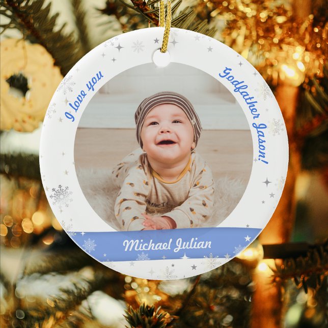 Adorno De Cerámica Moderno 2 fotos niño bebé 1 Navidades padrino (Modern Elegant Cute My First Christmas Baby Boy I love you Godfather Name 2 Photos Snowflakes Stars)