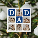 Adorno De Cerámica Moderno Multi Photo Grid Cute DAD Gift<br><div class="desc">Crea tu propio ornamento de navidad DAD con este moderno collage de fotos y texto. El diseño incluye 6 fotografías con cuadrados de esquina curvados con el texto DAD en bloques de color azul oscuro que se pueden cambiar a cualquier color. Al revés el texto 'El mejor papi del mundo'...</div>