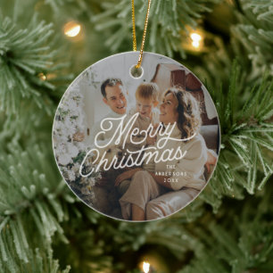 Adorno De Cerámica Moderno Retro Merry Christmas Photo Bold Script