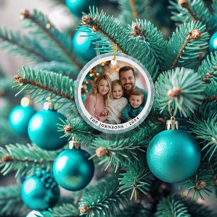 Adorno De Cerámica Moderno Verde azulado Blue Snowflakes Round Family