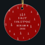 Adorno De Cerámica moderno y elegante bebé primer navidad rojo<br><div class="desc">El diseño de la primera Navidad para bebés. Patrón de árbol de navidad dibujado a mano con espacio para la fotografía de nombres de bebés y otros detalles en la parte de atrás. parte de una colección.</div>