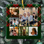 Adorno De Cerámica Modernos y alegres Navidades de collage de fotos f<br><div class="desc">Elegante y elegante tartán de felpa dorado alegre guion seis fotos familiares y nombre adorno tradicional de árbol verde rojo.</div>