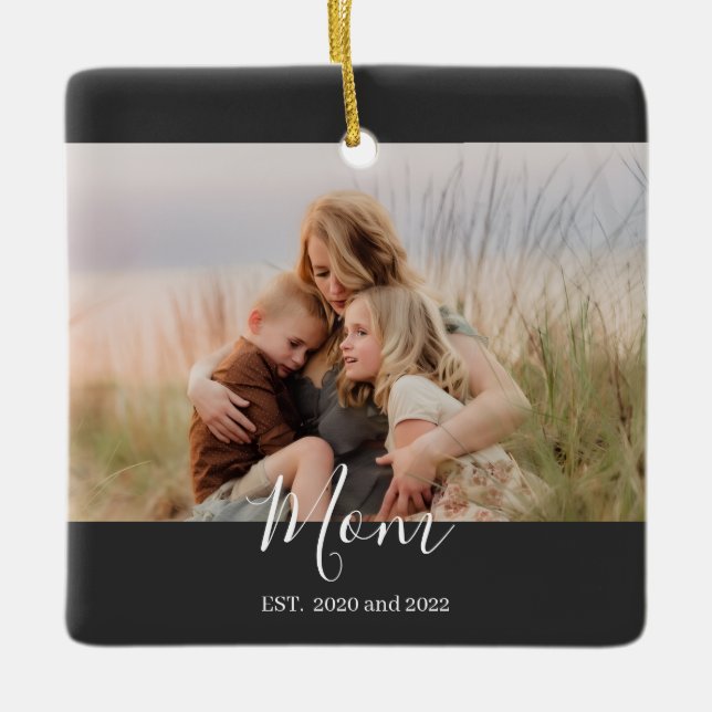 Adorno De Cerámica Mom Established Black White Elegant Script Photo  (Anverso)