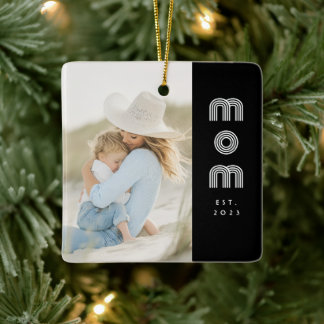 Adorno De Cerámica Mom Established Black White Retro Script Photo 