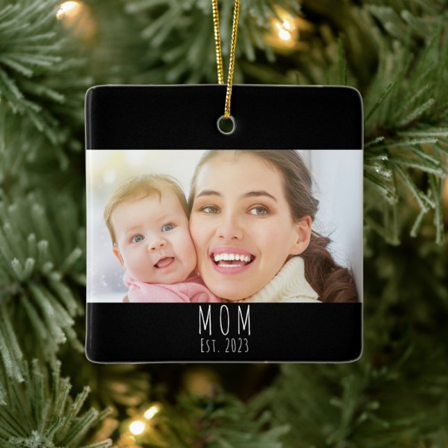 Adorno De Cerámica Mom Established Black White Script Photo  (Árbol)