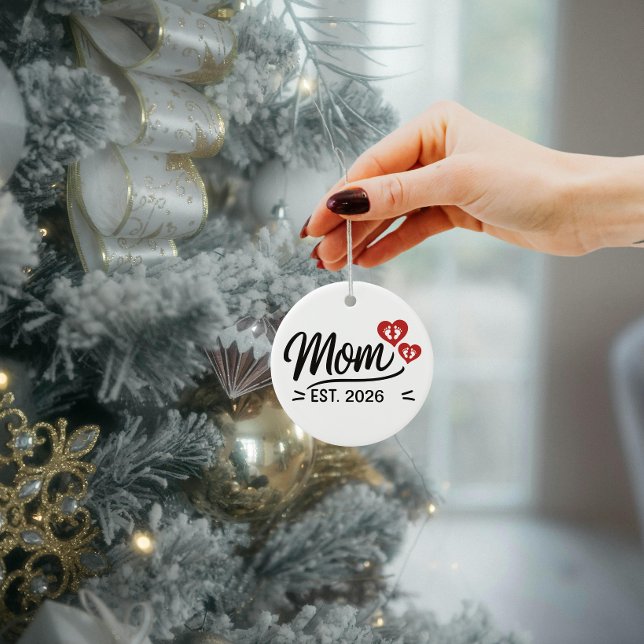 Adorno De Cerámica Mom Established Mothers Day Name Year Script Heart (new mom established mothers day ornaments  mama mum typography simple heart modern script christmas )