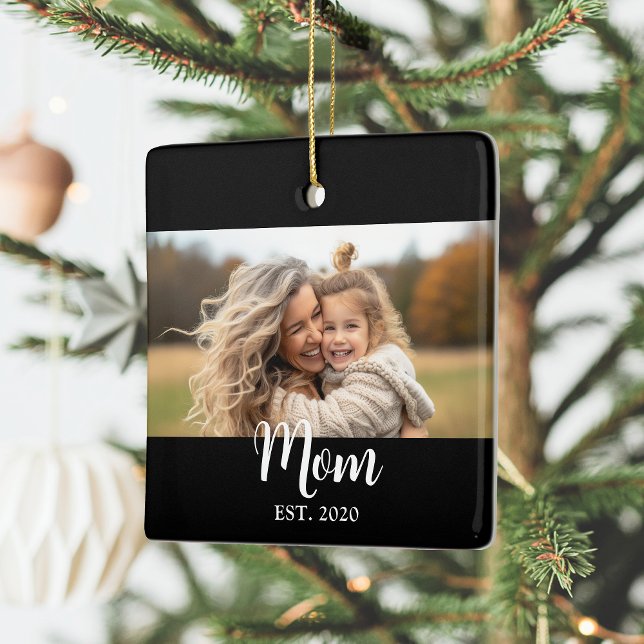 Adorno De Cerámica Mom Established Year Script Text Black Photo (Established mom personalizable with photo, name & year she became a mom - the perfect christmas gift)