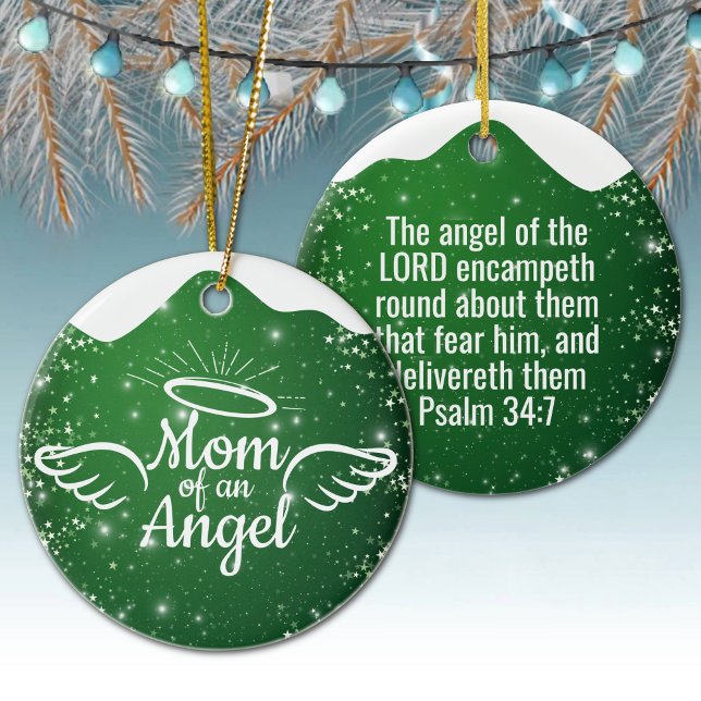 Adorno De Cerámica Mom of an Angel Green Christian Christmas 👼🏻 🎄 (Mom of an Angel Psalm 34:7 Christian Christmas Religious Holiday Ceramic Ornament green star 👼✞)