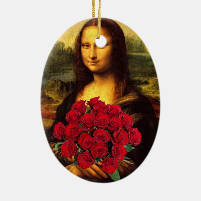Adorno De Cerámica Mona Lisa Con Bouquet De Rosas Rojas (Atrás)