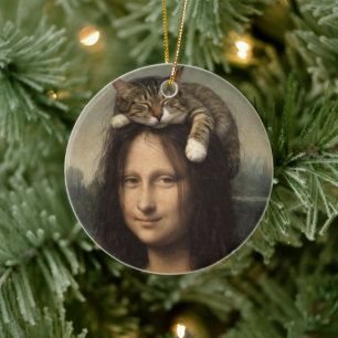 Adorno De Cerámica Mona Lisa con gato dormido