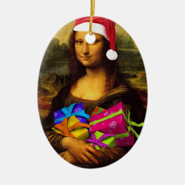 Adorno De Cerámica Mona Lisa Con Paquetes De Navidades (Frente)