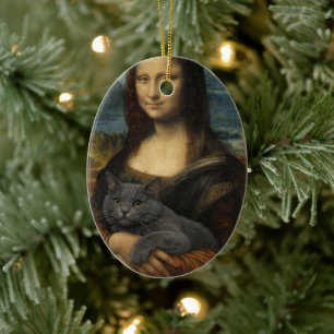 Adorno De Cerámica Mona Lisa sosteniendo un gato gris elegante