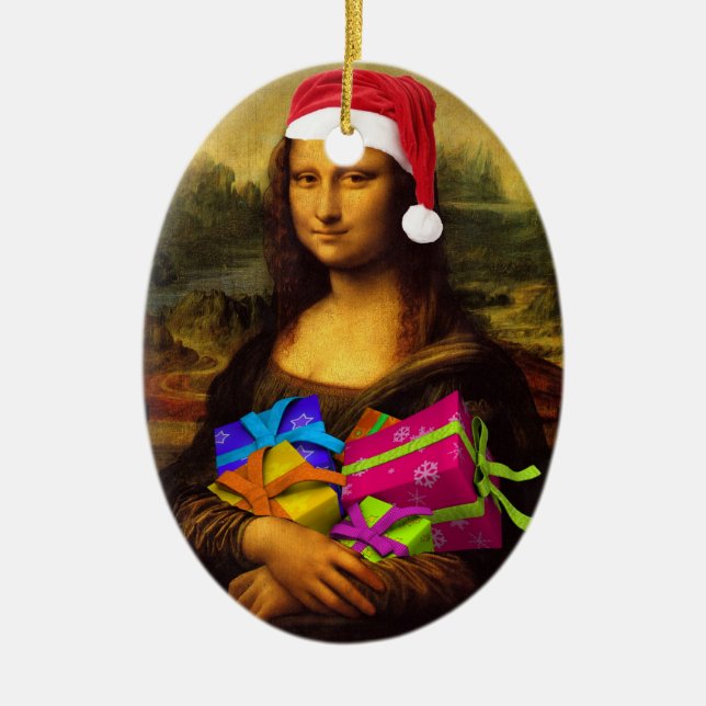 Adorno De Cerámica Mona Lisa Viene Como Santa Claus (Frente)
