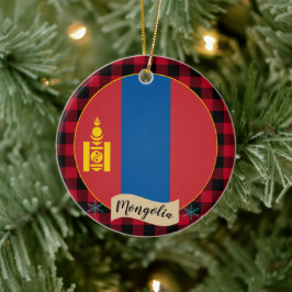 Adorno De Cerámica Mongolia, Red buffalo plaid & Mongolian Flag