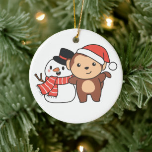 Adorno De Cerámica Mono Con Snowman En Invierno Para Navidades Cerami