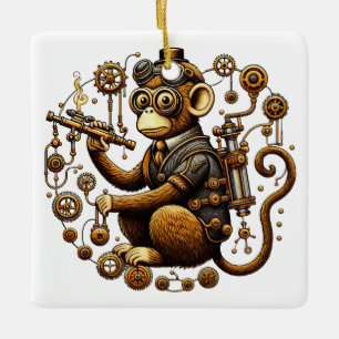 Adorno De Cerámica Mono Steampunk con Ray Gun
