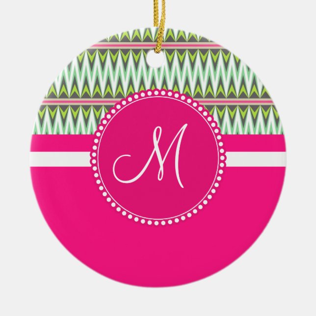 Adorno De Cerámica Monograma Azteca Verde Rosa Caliente Andes Tribal  (Frente)