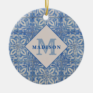 Adorno De Cerámica Monograma blanco azul vintage de azulejos portugue