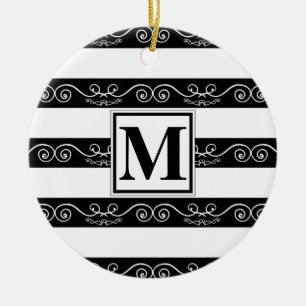 Adorno De Cerámica Monograma blanco negro moderno a rayas