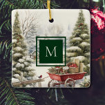 Adorno De Cerámica Monograma de árbol de navidad de color de agua vin<br><div class="desc">Árboles de navidad de color de agua vintage en adorno de árboles nevados. Incluya su monograma inicial/familiar que aparecerá en la parte delantera y trasera.</div>