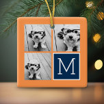Adorno De Cerámica Monograma de Collage de fotos de Instagram naranja<br><div class="desc">Naranjas vibrantes y azul oscuro - Usa 3 fotos cuadradas para crear un regalo único y personal. O puedes mantener al cachorro hipster y hacer un keepsake de moda. Si necesita ajustar las imágenes,  haga clic en la herramienta personalizar para realizar cambios.</div>