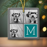 Adorno De Cerámica Monograma de Collage de fotos gris y Verde azulado<br><div class="desc">Utiliza 3 fotos cuadradas para crear un regalo único y personal.</div>