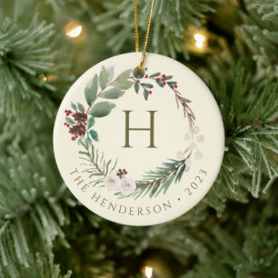 Adorno De Cerámica Monograma de Corona de Navidad en Acuarela Elegant