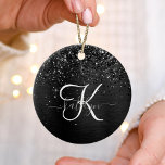 Adorno De Cerámica Monograma de espuma de Purpurina negro personaliza<br><div class="desc">Personalice fácilmente este elegante diseño de ornamento con un purpurina brillante negro de bonito sobre un fondo metálico negro cepillado.</div>