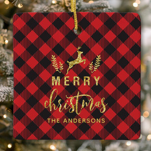 Adorno De Cerámica Monograma de Feliz Navidad a Cuadros de Búfalo