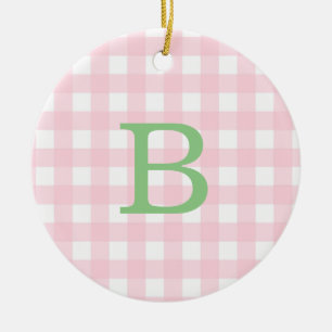 Adorno De Cerámica Monograma de Gingham verde y rosa