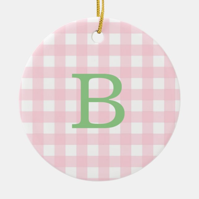 Adorno De Cerámica Monograma de Gingham verde y rosa (Frente)