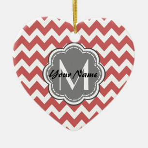 Adorno De Cerámica Monograma de gris floral de Chevron rojo indio