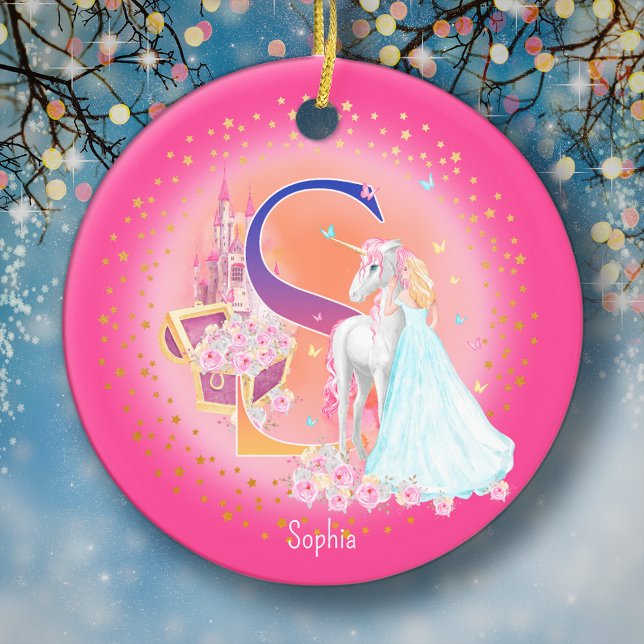Adorno De Cerámica Monograma de la letra Unicornio y Princesa S (This pretty pink monogrammed Christmas ornament is perfect for your little princess!)