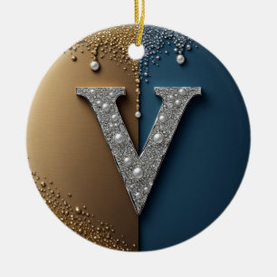 Adorno De Cerámica Monograma de la letra V con diamantes y perlas