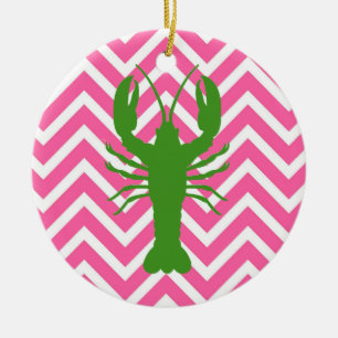 Adorno De Cerámica Monograma de langosta verde y cheurón rosa